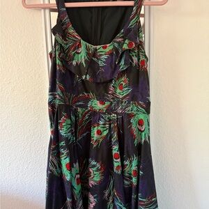 Vintage Forever 21 Black and Green Peacock Print short Dress mini retro pinup